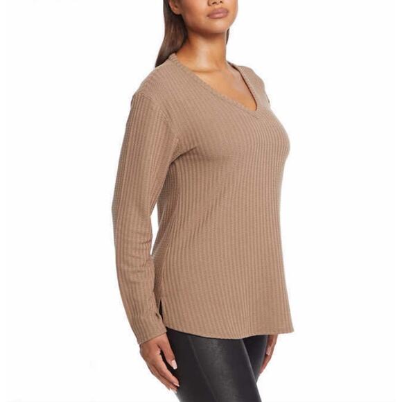 Chaser Brown V-neck Textured Waffle Knit Long Sleeve Top Women's Small - Picture 1 of 9